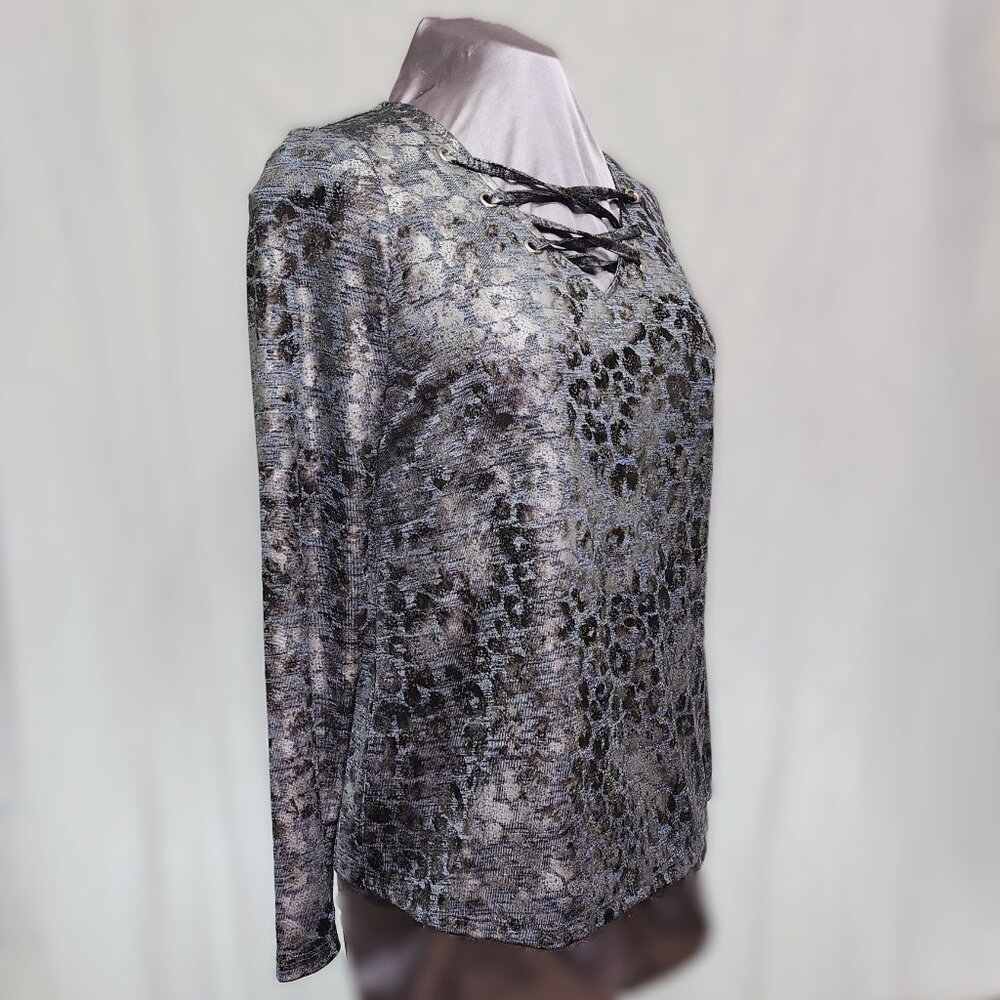 Metallic Sheened Spotted Blue Silver & Black Top w/Criss Crossed Neckline